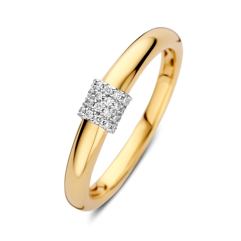 Gouden ring van 14kt met een glanzende afwerking en een diamantdetail van 0.10ct in het midden.