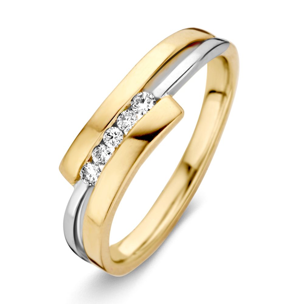De 14-karaats bicolor gouden ring van Excellent Jewelry heeft een modern ontwerp met een centrale witgouden streep en vijf briljant geslepen diamanten op rij - tijdloze elegantie voor elke gelegenheid.