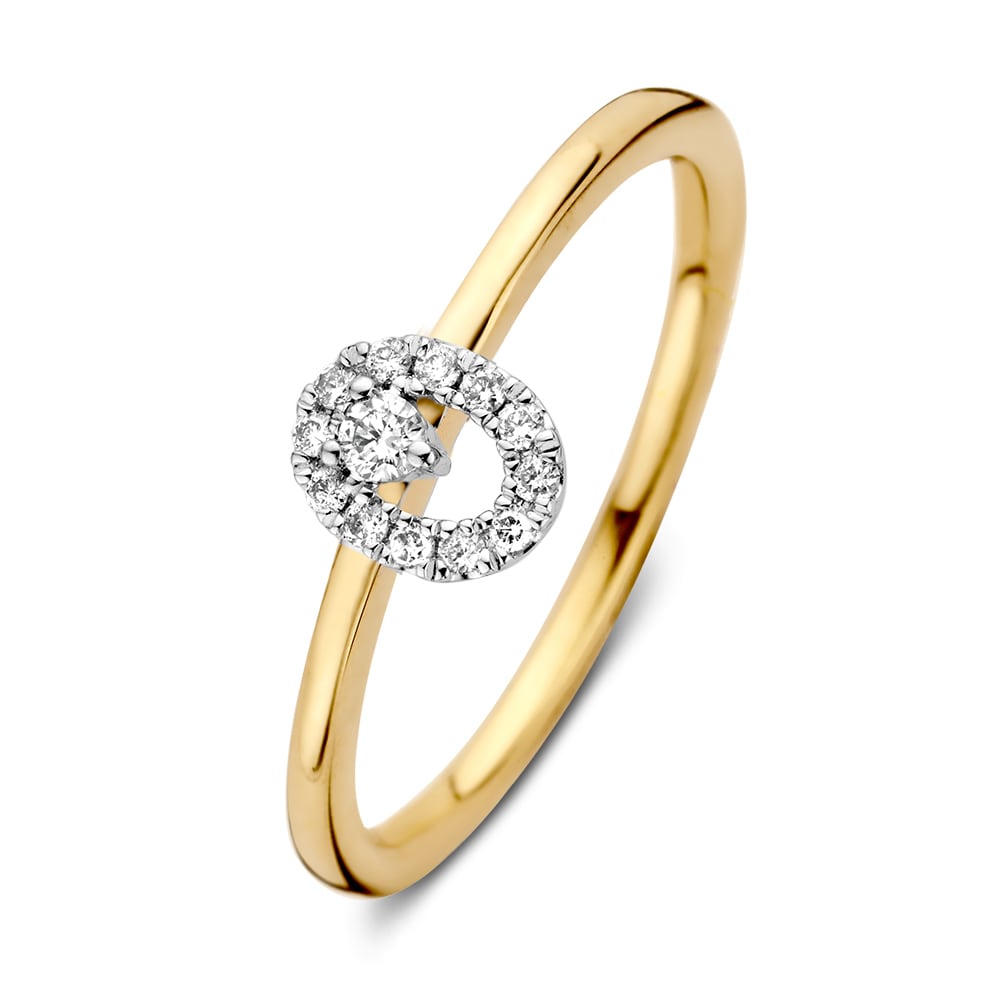 Geelgouden ring met een witgouden cirkel bezet met briljant geslepen diamanten.