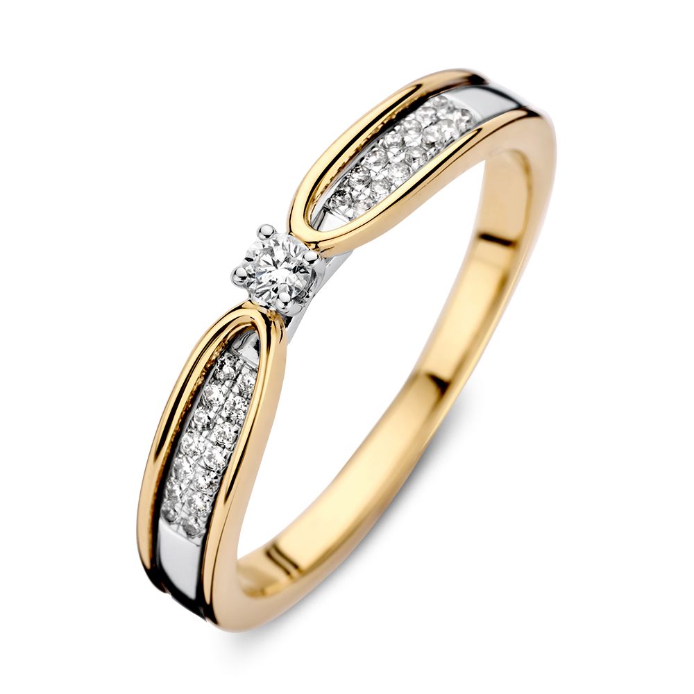 Bicolor 14kt geel- en witgouden ring met diamanten, opvallende middensteen en glanzende afwerking.