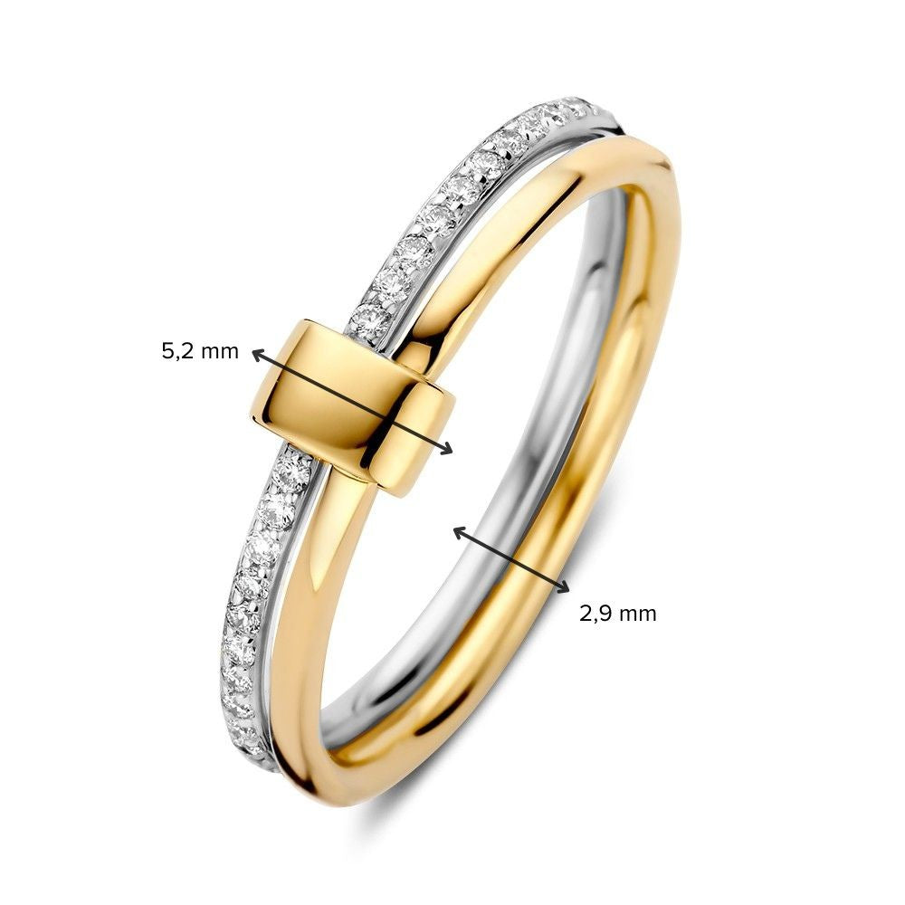 Bicolor 14kt Geel- en Witgouden Ring met 0.14ct Diamanten