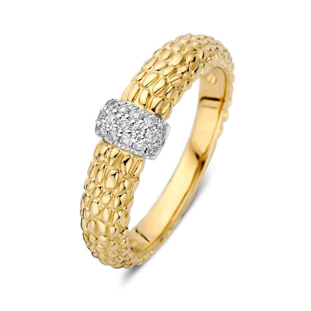Bicolor ring van geel goud met een glanzende, gestructureerde band en een briljant gezet in een witte, glanzende schijf.