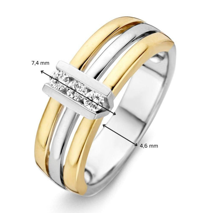 Brede Bicolor Gouden Ring met Drie Briljanten in V-Zetting 0.15 crt.