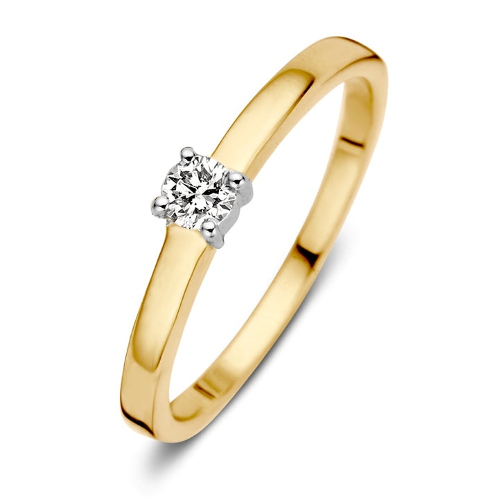 14K Bicolor Geel- en Witgouden Gekruiste Damesring met 0.16 ct Briljant Diamant