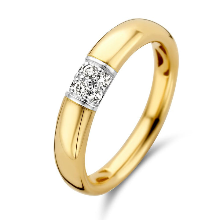 14K Bicolor Geel- en Witgouden Damesring met 0.16 ct Briljant Diamant