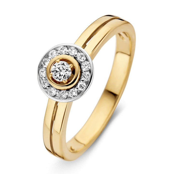 14K Bicolor Geel- en Witgouden Damesring met 0.17 ct Briljant Diamant