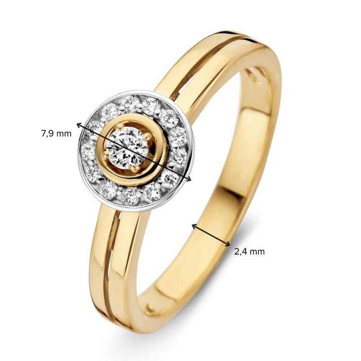 14K Bicolor Geel- en Witgouden Damesring met 0.17 ct Briljant Diamant