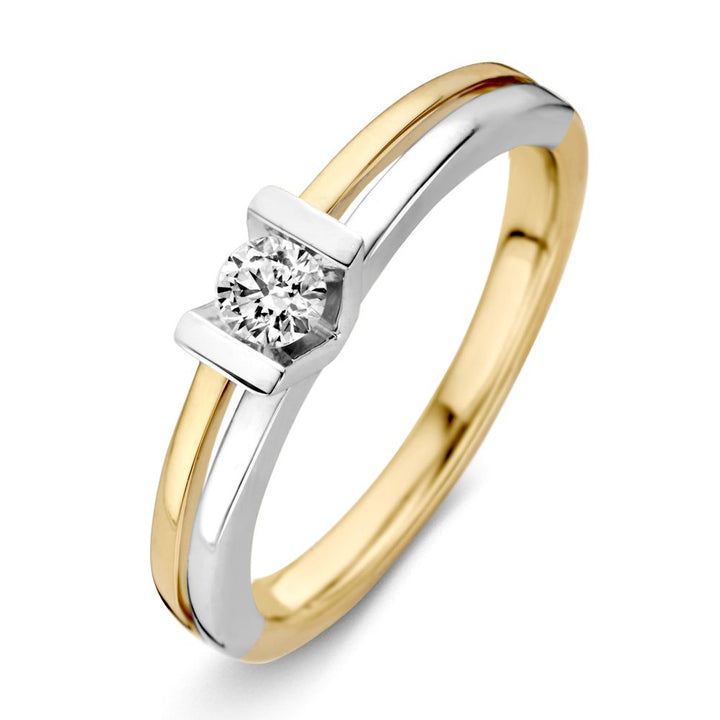 Tijdloze 14K Bicolor Geel- en Witgouden Damesring met 0.18 ct Briljant Diamant