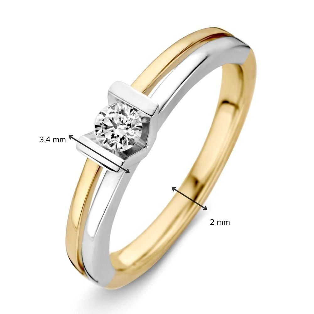 Tijdloze 14K Bicolor Geel- en Witgouden Damesring met 0.18 ct Briljant Diamant