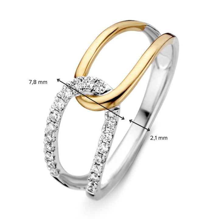 14K Bicolor Geel- en Witgouden Damesring met 0.18 ct Briljant Diamant