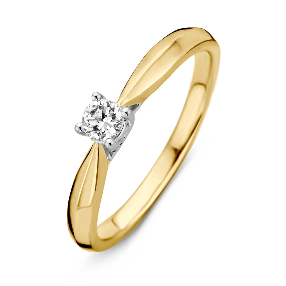 De Elegante Bicolor Gouden Ring met Briljanten 0.19 crt. van Excellent Jewelry is afgebeeld op een witte achtergrond en heeft een stijlvolle bicolor vorm met schitterende briljant.