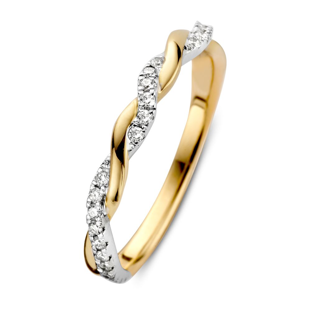 De Bicolor Gouden Ring met Gevlochten Design en Fonkelende Briljanten 0.19 crt. van Excellent Jewelry is een 14 karaat gouden ring waarin een gepolijste band elegant is verweven met een diamanten band.