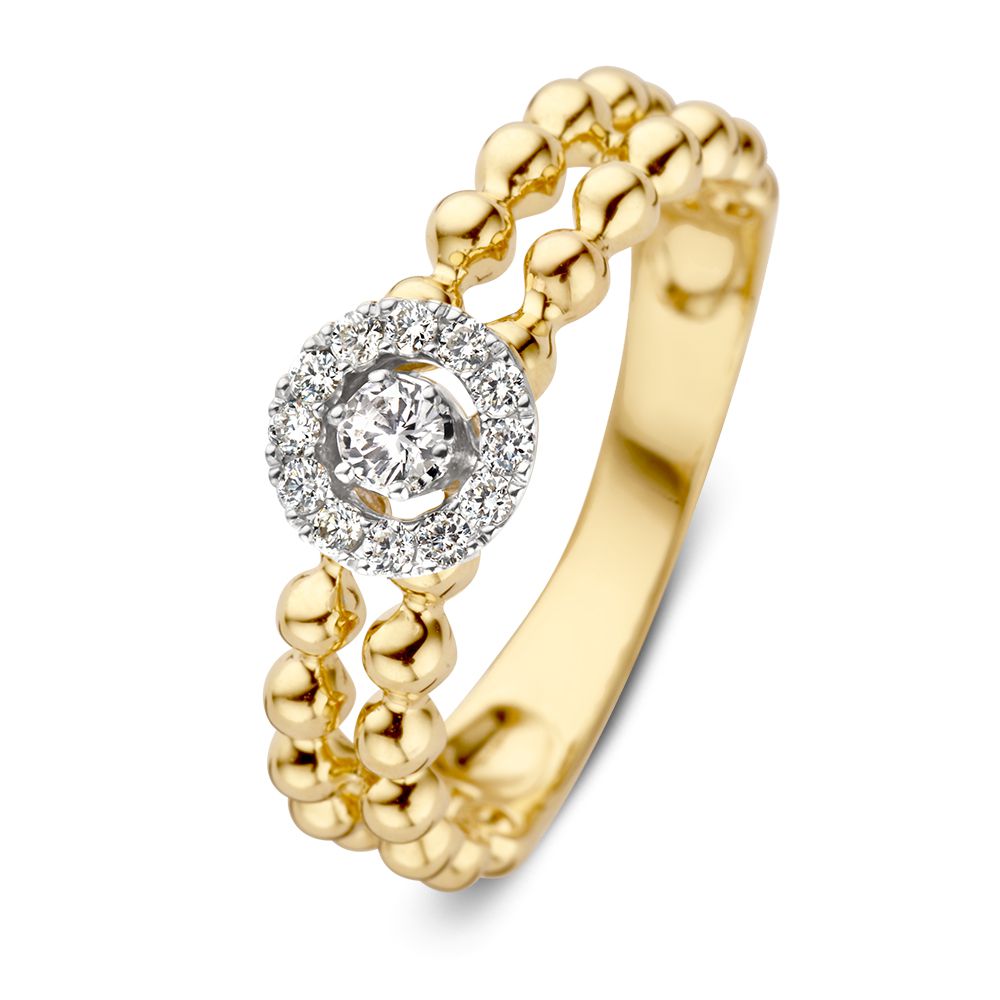 Gouden ring met een dubbele rij van bolletjes en een centrale diamant omringd door kleinere diamanten.