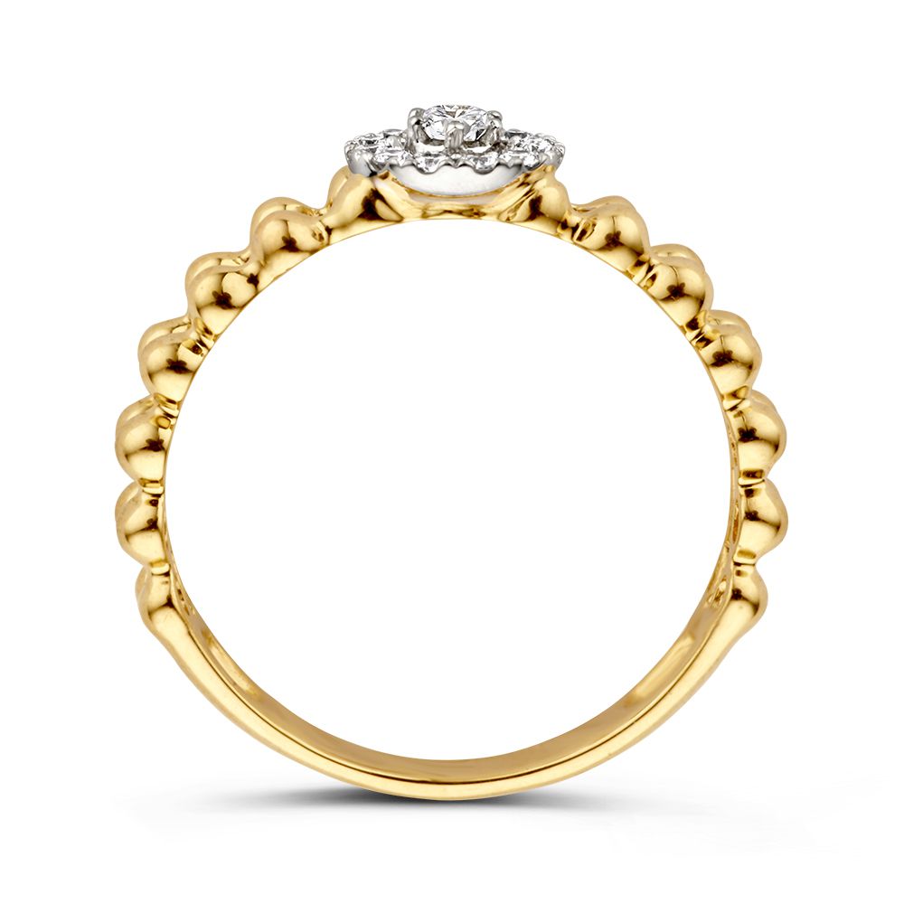Stijlvolle Gouden Ring met Diamanten en Dubbele Rij van Gouden Bolletjes 0.19 crt.