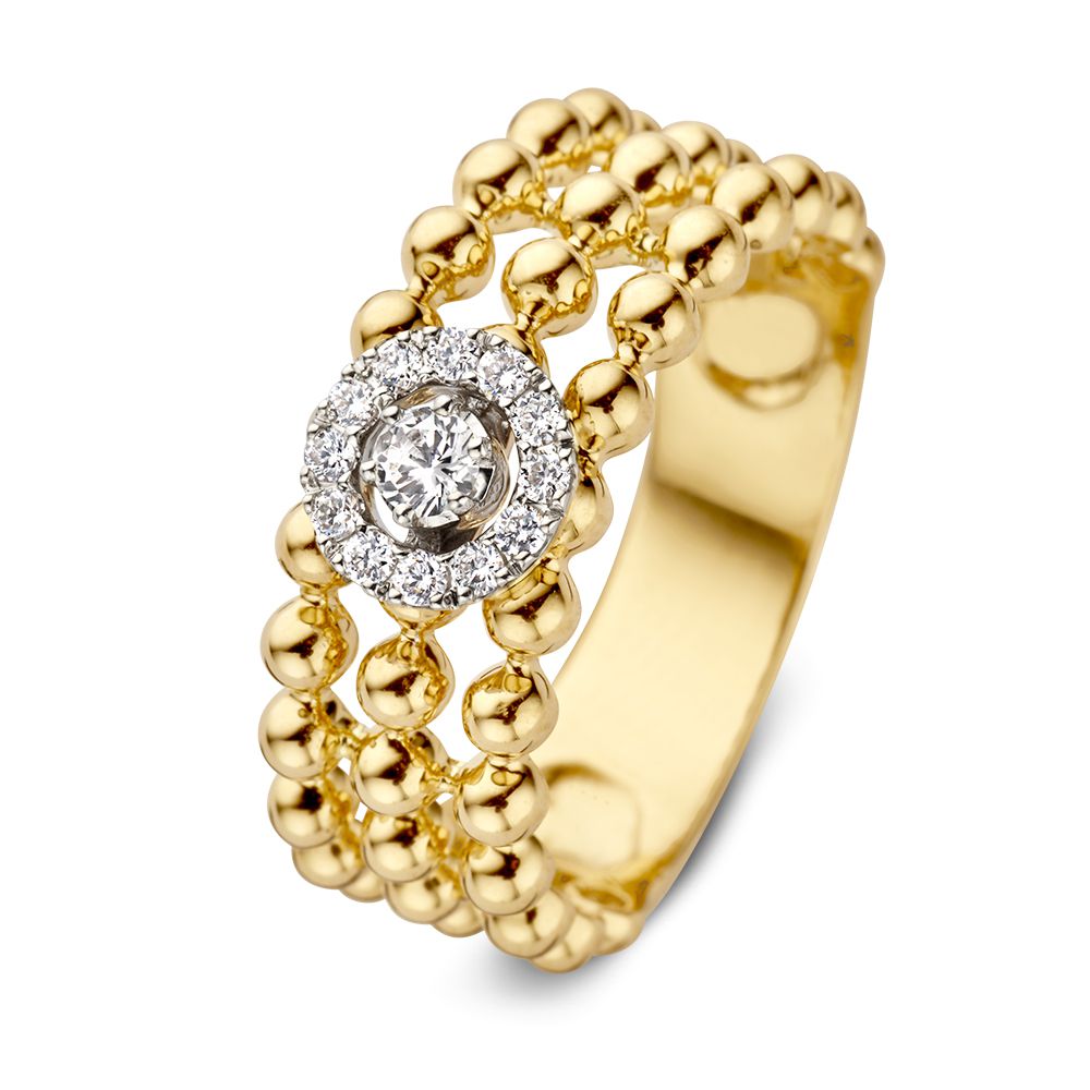 Gouden ring met diamanten, driedubbele rij van gouden bolletjes en een centrale diamant in een ronde zetting.