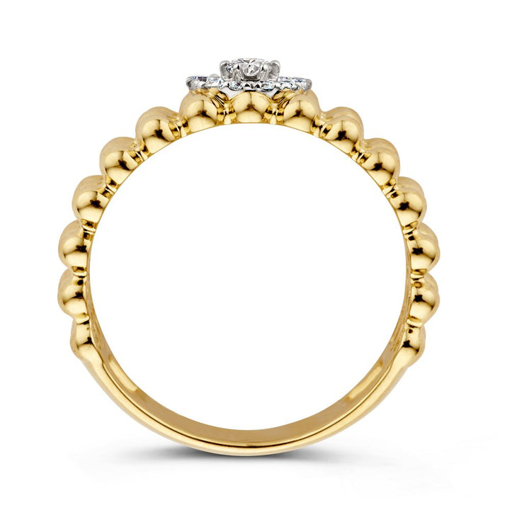 Stijlvolle Gouden Ring met Diamanten en Driedubbele Rij van Gouden Bolletjes0.19 crt.