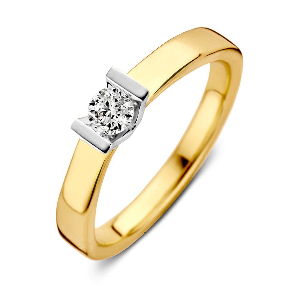Bicolor gouden ring met een briljant van 0.20 carat, met een glanzende gele band en een witte zetting.