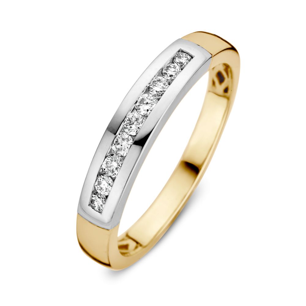 Bicolor gouden ring met een railszetting en vijf briljanten van 0.20 carat.
