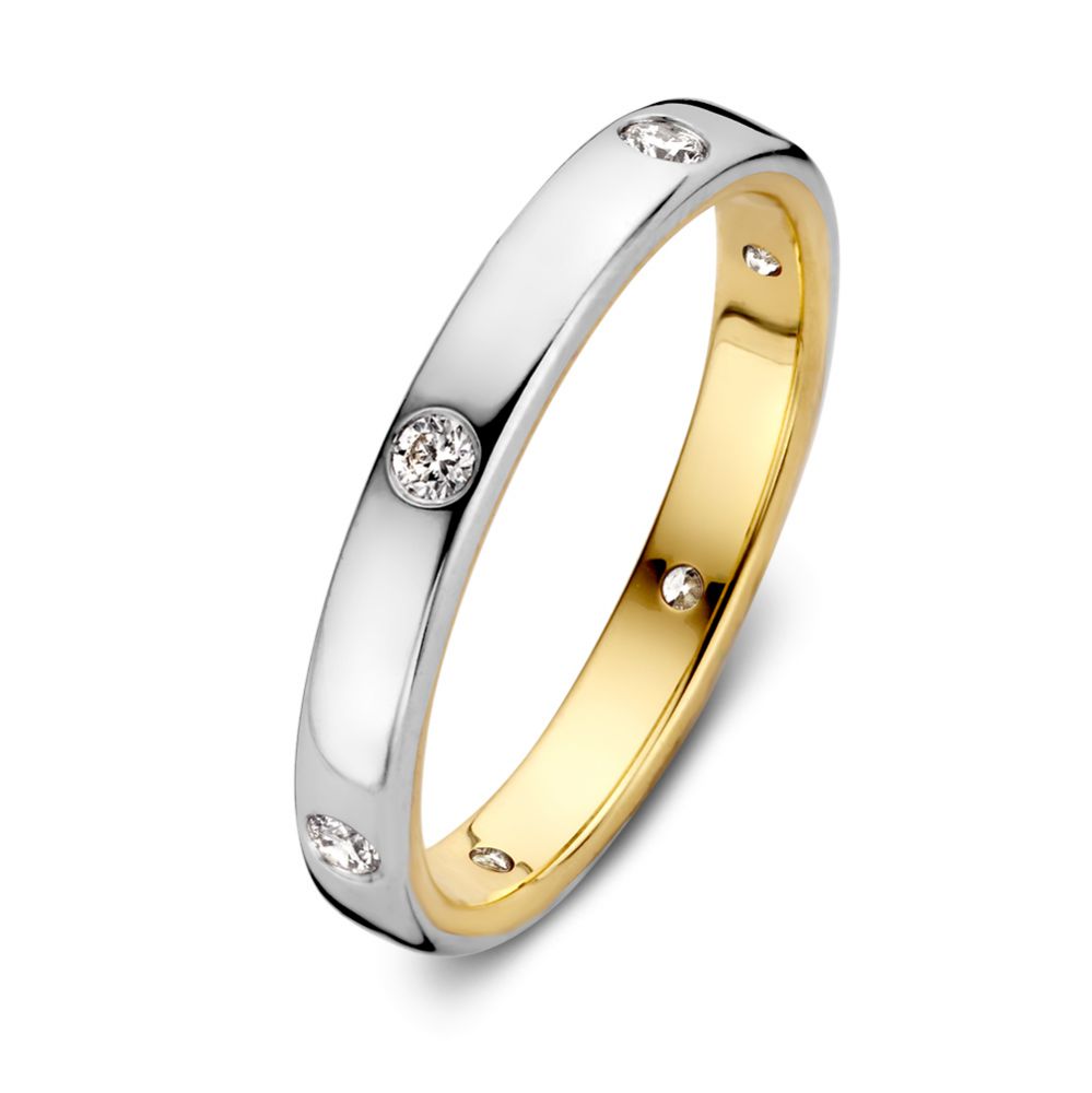Bicolor gouden ring met diamanten, witgouden en geelgouden afwerking, met vier diamanten van 0.20 carat.