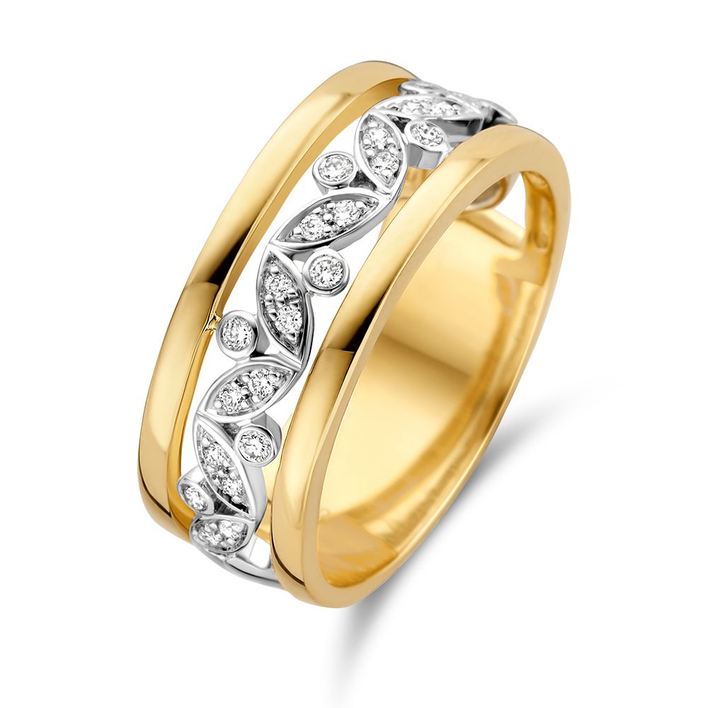 Bicolor gouden ring met diamant, 0.20 carat, met een golvende zilveren band en sprankelende steentjes.