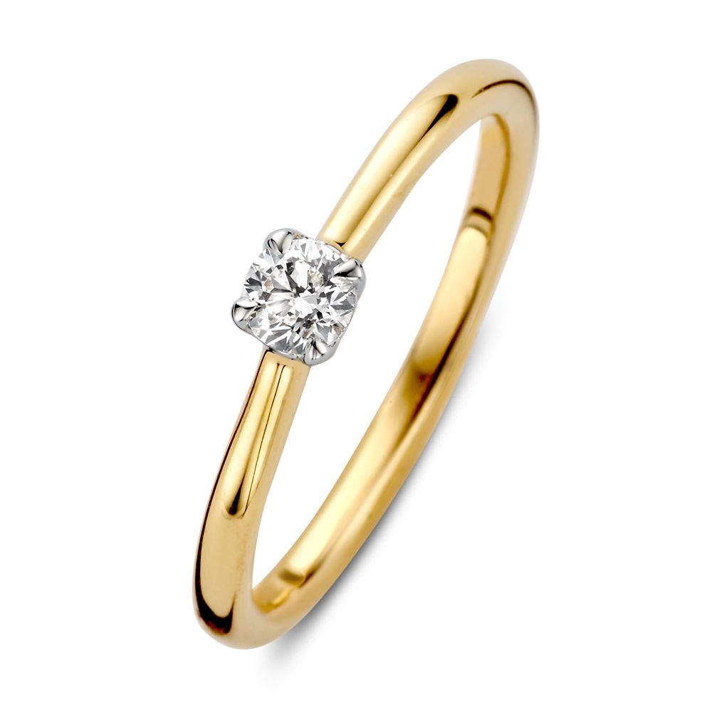 Bicolor gouden solitair ring met een briljant van 0.20 carat en een gladde, glanzende band.