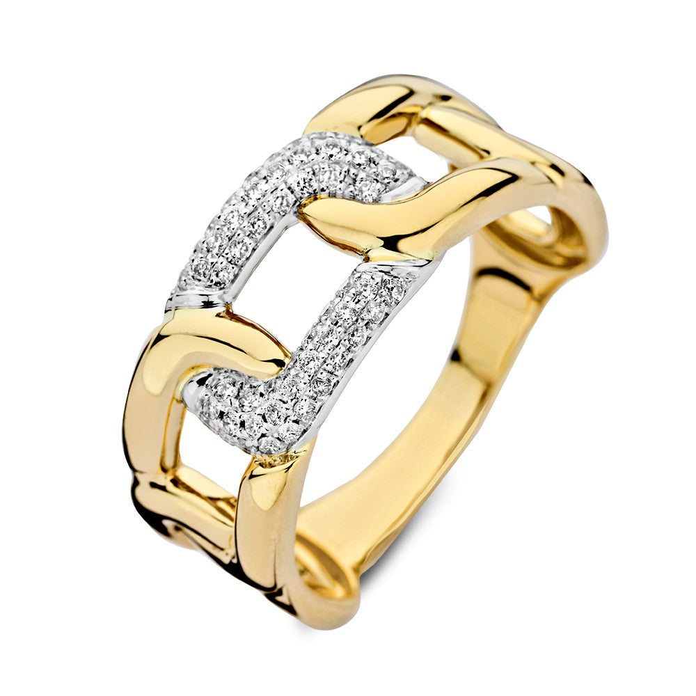 Bicolor gouden ring met briljant, 0.20 carat, met een schakelpatroon en glanzende afwerking.