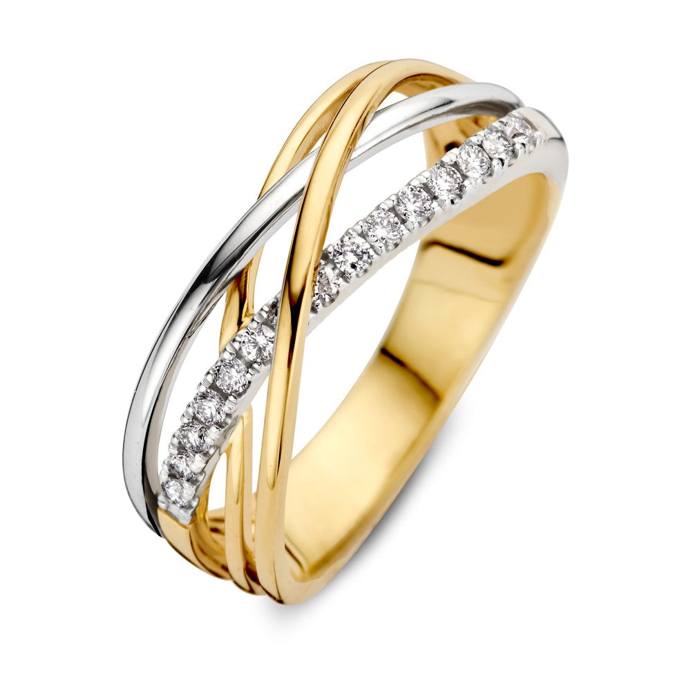 Bicolor wit- en geelgouden crossover ring met diamanten, 0.20 carat, met een glanzende afwerking en een speelse vorm.