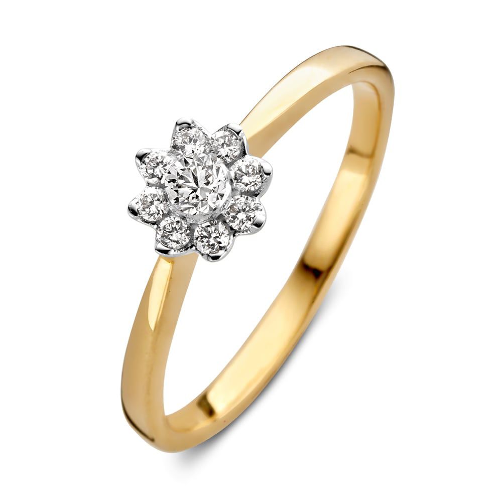 De Elegante Bicolor Ring met Briljant Diamanten (0.21 crt) van Excellent Jewelry combineert geel- en witgoud met een bloemvormige cluster van briljant geslepen diamanten op een gepolijste band.