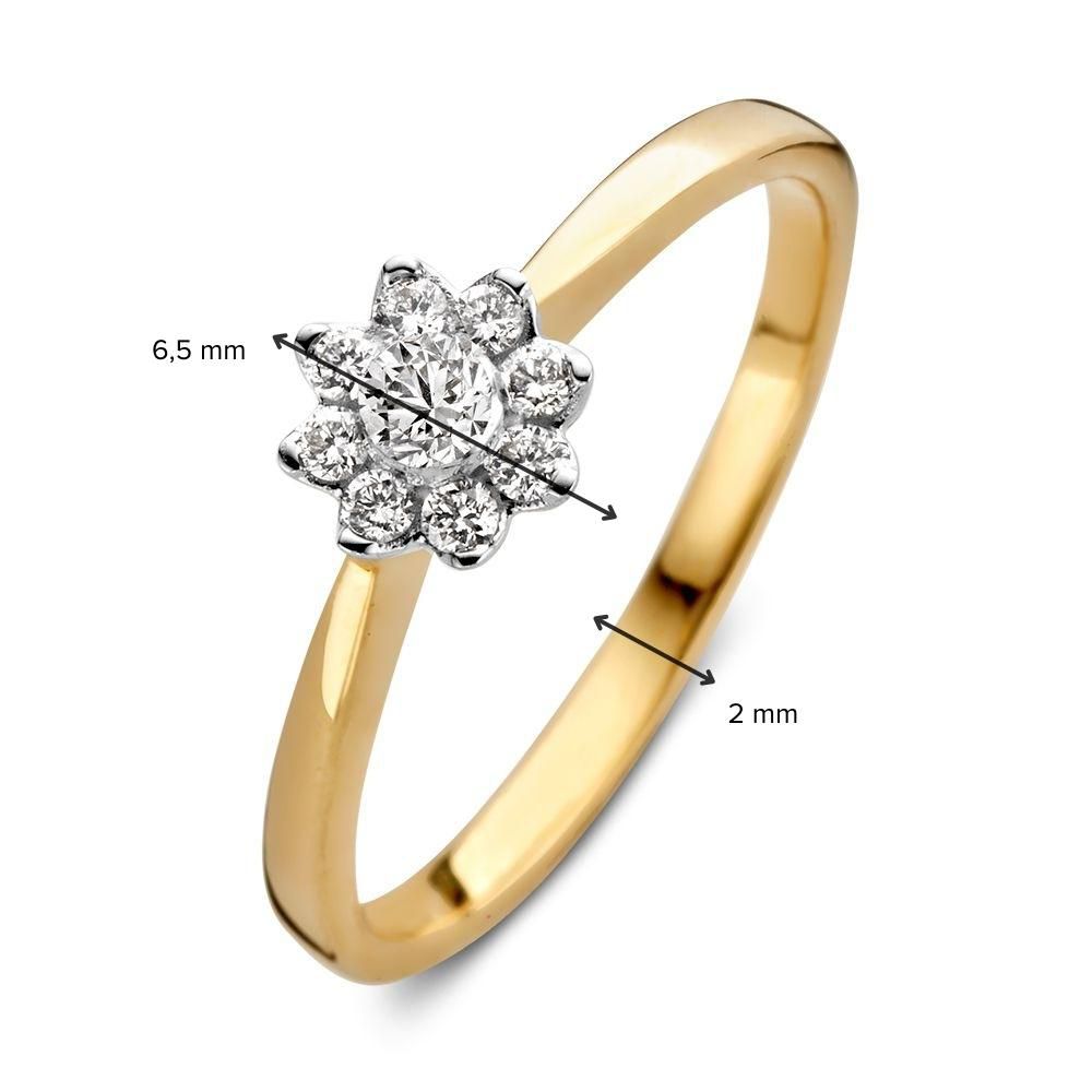 De Elegante Bicolor Ring met Briljant Diamanten - 0.21 crt van Excellent Jewelry is een damesring met een 2 mm band in geel- en witgoud, voorzien van een bloemvormig cluster briljanten van 6,5 mm breed.