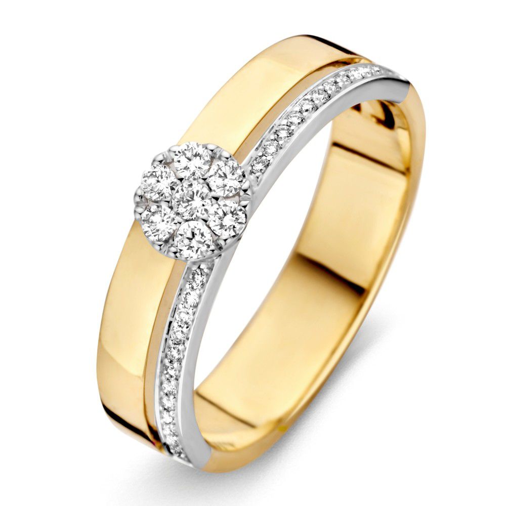 De Bicolor Wit- en Geelgouden Ring met Diamanten Roset - 0.22 crt van Excellent Jewelry heeft een centrale rozet van diamanten en een rij kleinere diamanten gezet in de zilveren band.