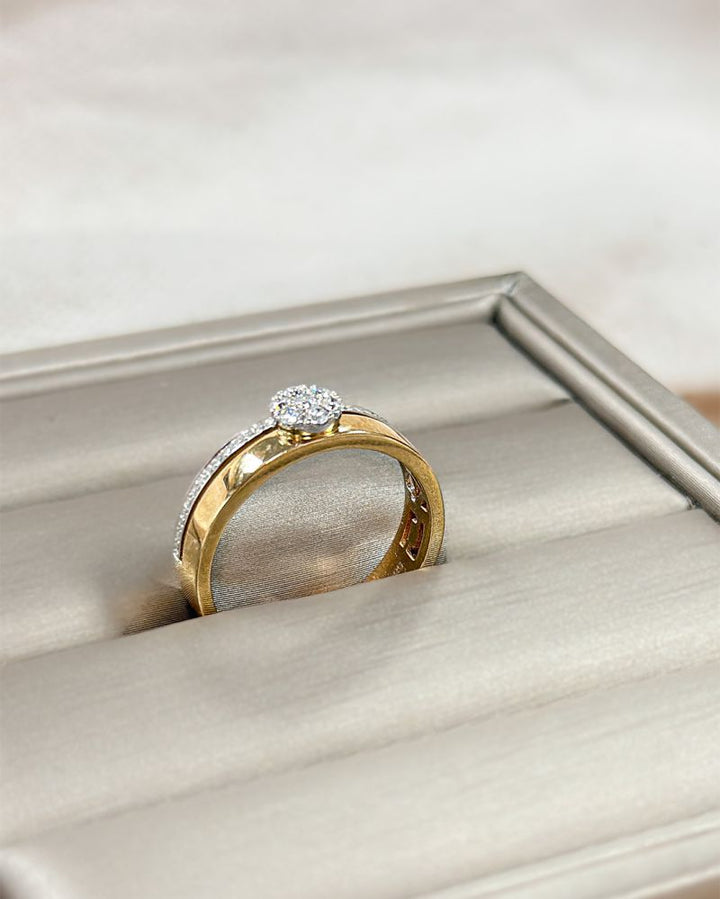 Bicolor Wit- en Geelgouden Ring met Diamanten Roset – 0.22 crt