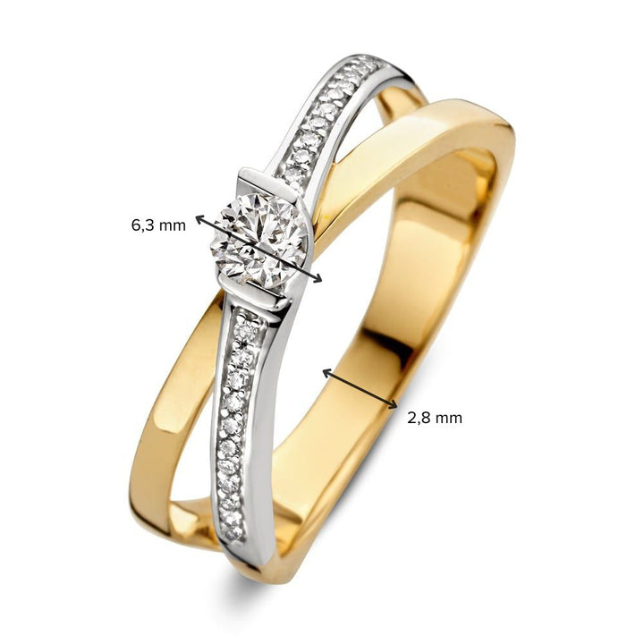 Bicolor Geel- en Witgouden Ring met Diamanten – 0,22 ct Briljant en 22 Kleine Diamanten