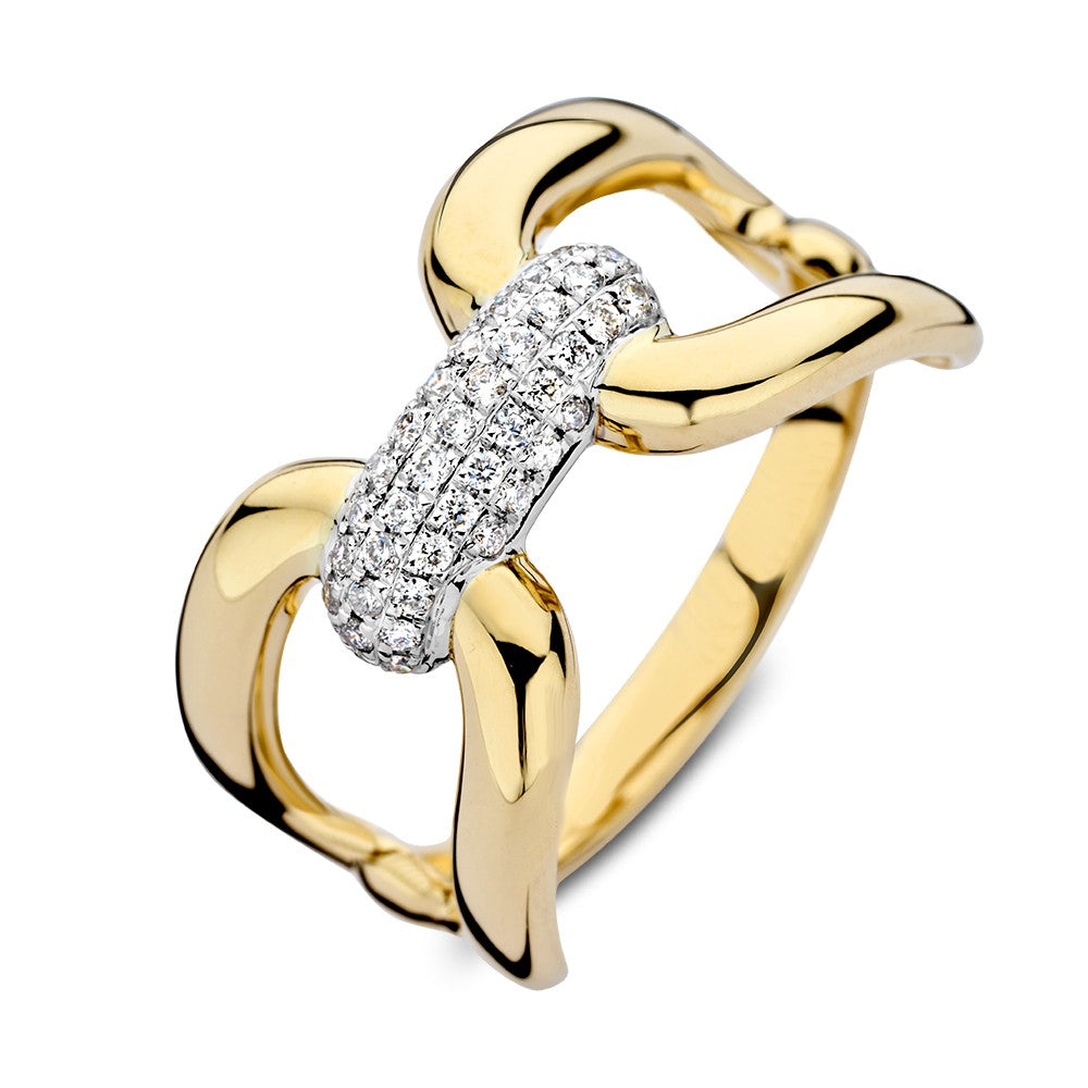 Bicolor geel- en witgouden ring met een briljant diamant van 0,22 ct, met een golvende vorm en glanzende afwerking.