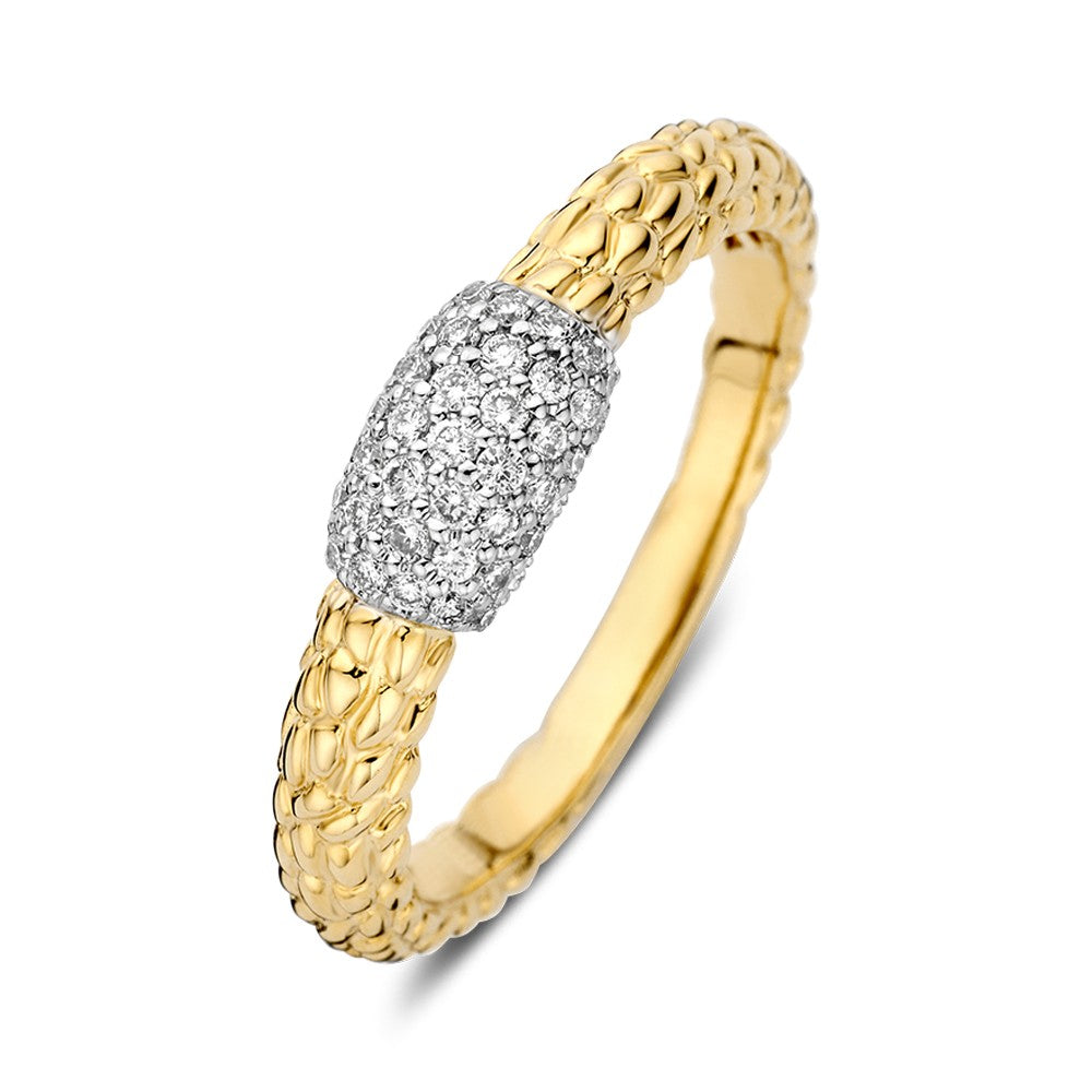 Bicolor ring van geel goud met een briljant geslepen zetting van 0.22 crt. en een gevlochten band.