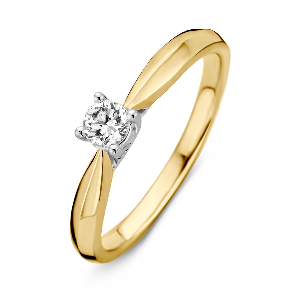 De Bicolor Geel- en Witgouden Ring met Diamant - 0,24 ct van Excellent Jewelry toont een briljant geslepen diamant in een zetting met vier tanden, elegant gepresenteerd tegen een effen witte achtergrond.