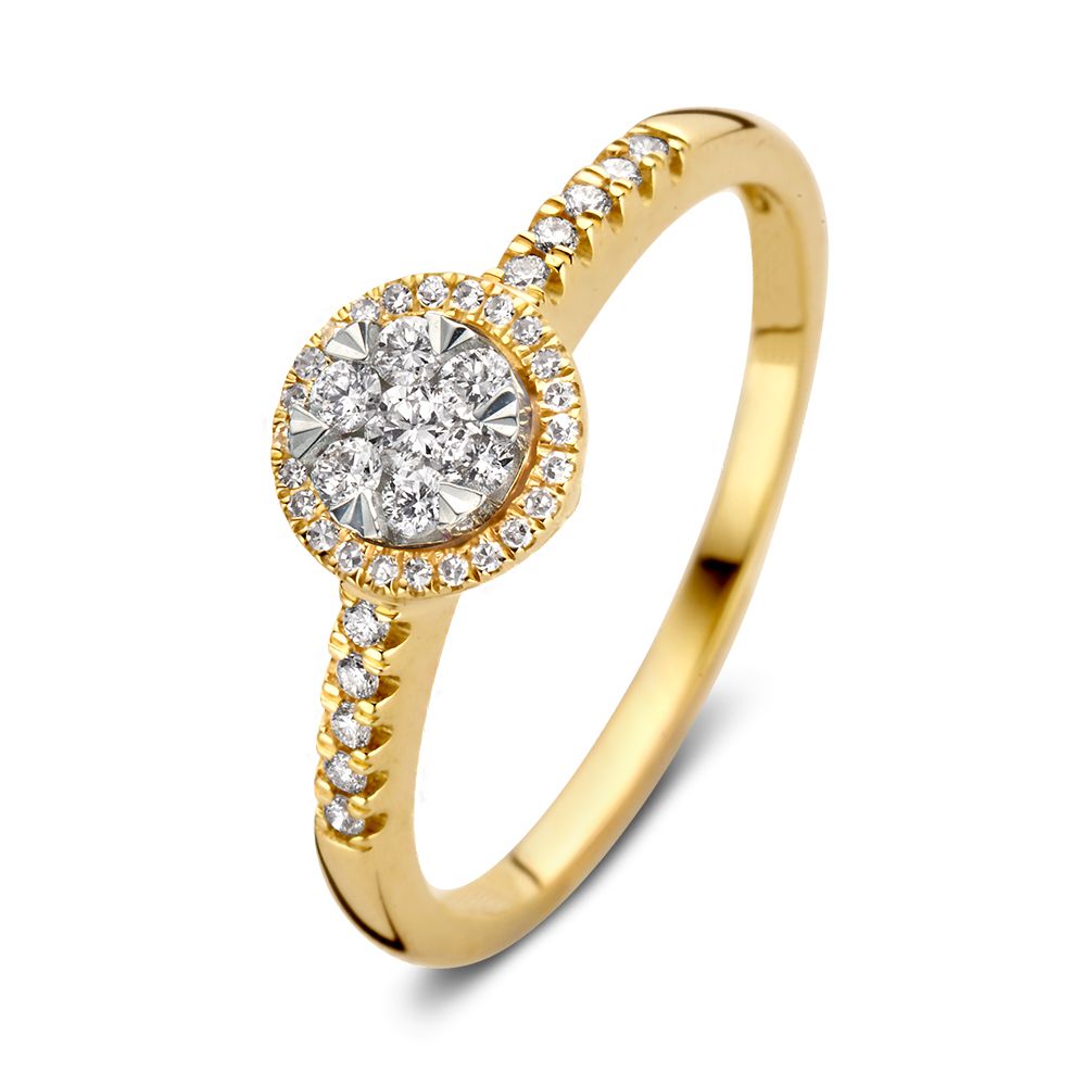 Bicolor ring van 14 karaat geel- en witgoud met een ovale diamant van 0.24 ct, omringd door kleinere diamanten.