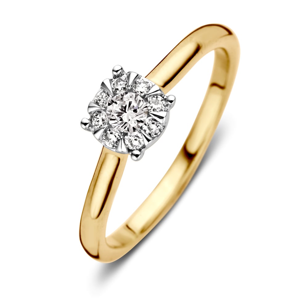 Bicolor geelgouden entourage ring met een centrale diamant van 0.25 carat en een glanzende, smalle band.