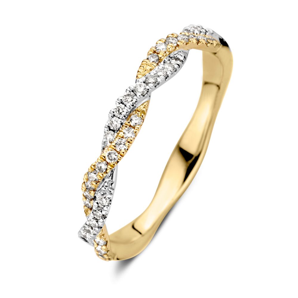 Bicolor gevlochten ring van goud en witgoud met diamanten, 0.26 caraat, in een elegante spiraalvorm.