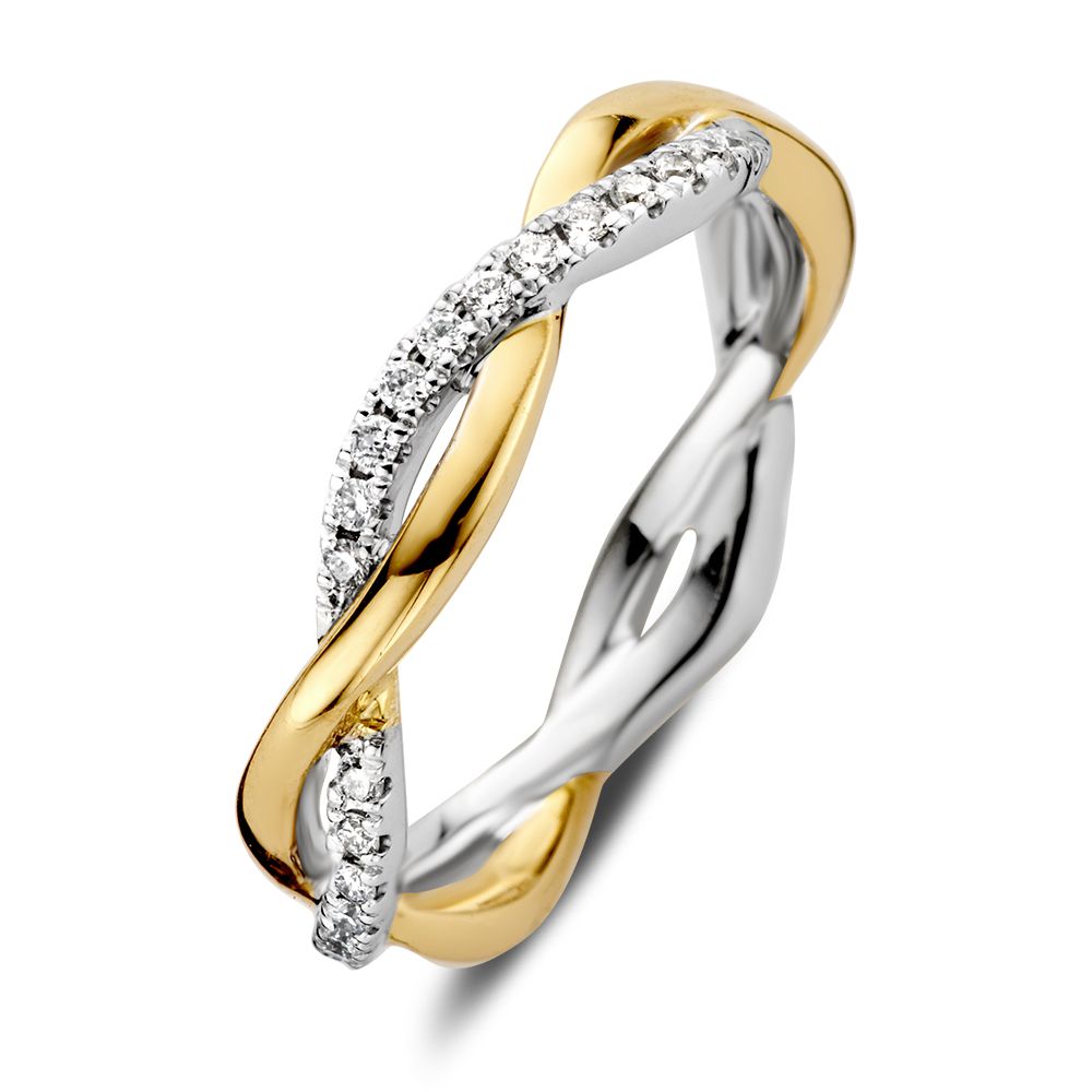 Bicolor gouden ring met twist design, voorzien van diamanten en een glanzende afwerking.