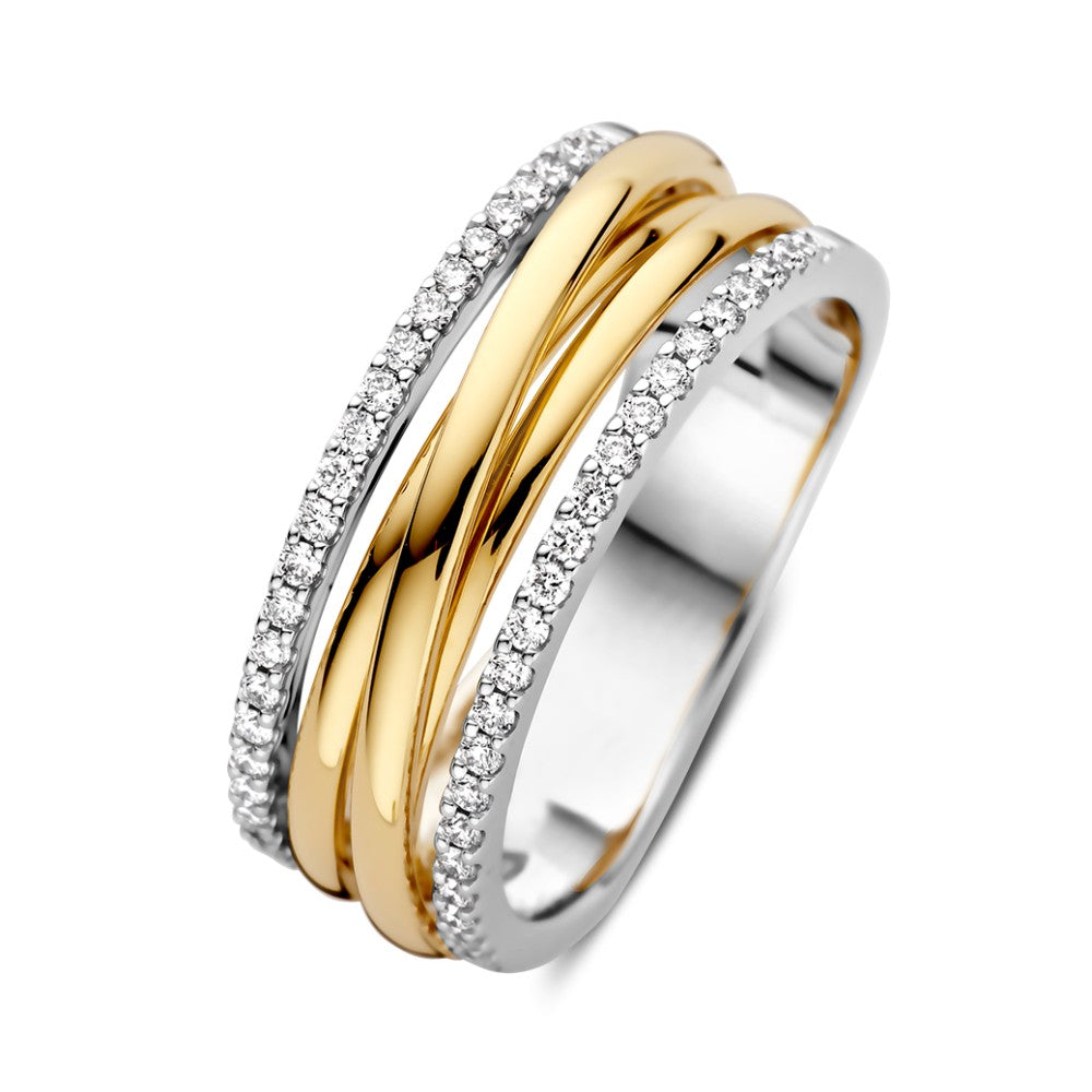 Bicolor geel/witgouden ring met drie banden, versierd met 0,27 ct diamanten in H/SI-1 kwaliteit.