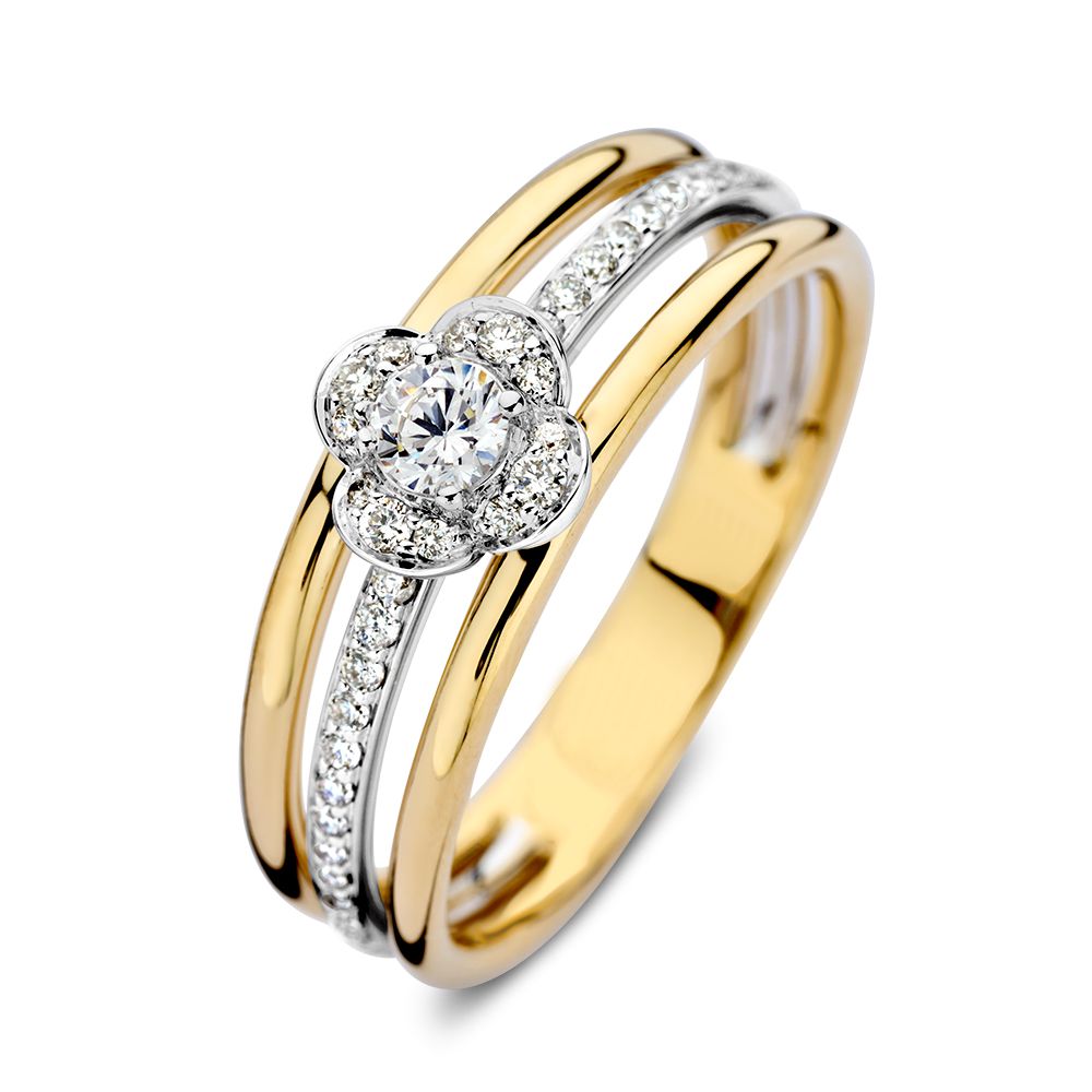 Bicolor geel/witgouden damesring met een diamanten bloemzetting en een centrale diamant, 14 karaat.