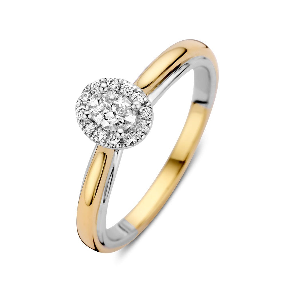 De Excellent Jewelry 14k Bicolor Gold Ring heeft een ovaal diamanten hart in een entourage zetting, geaccentueerd door een gepolijste tweekleurige gouden en zilveren band voor extra elegantie en glans.
