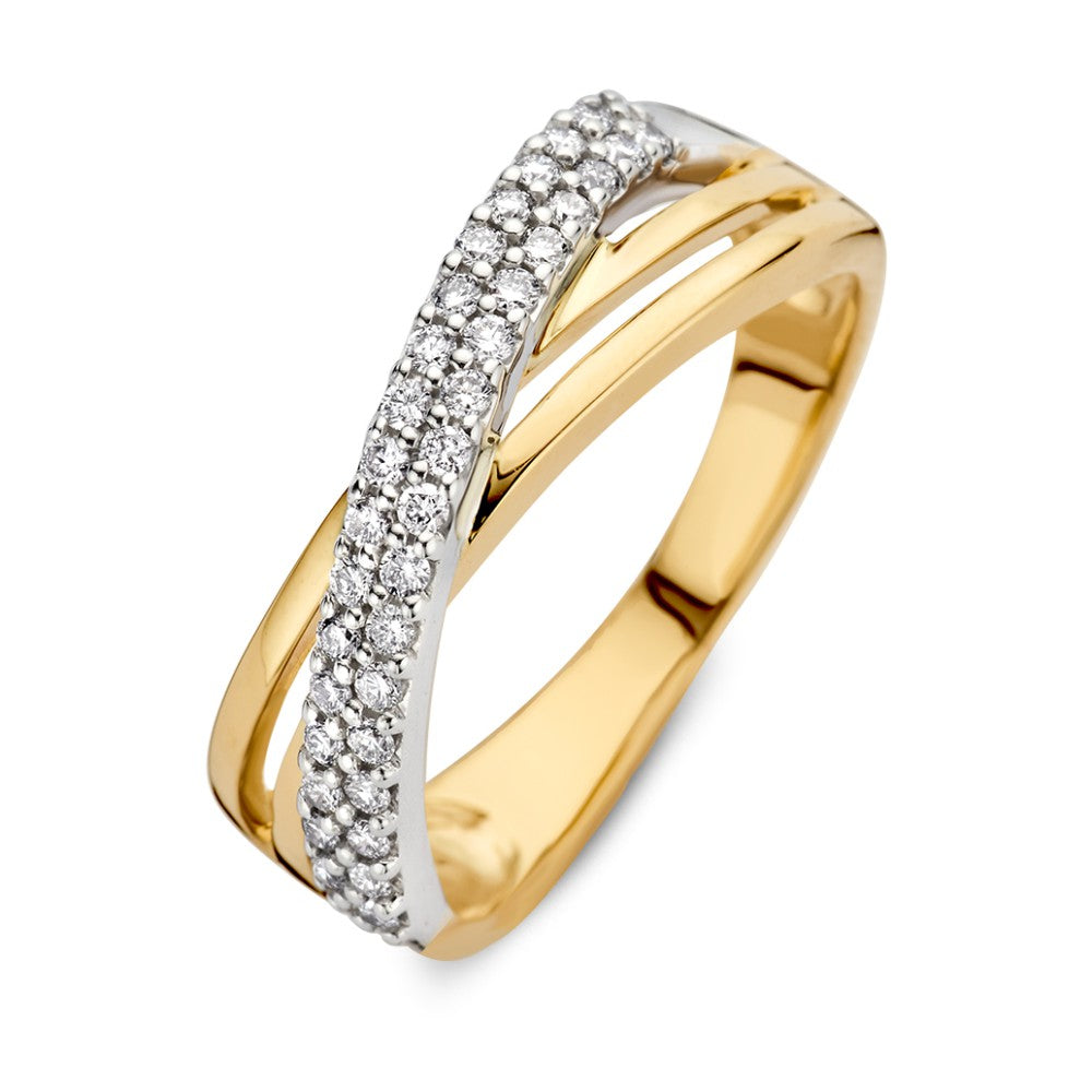 Bicolor wit- en geelgouden crossover ring met een rij diamanten aan de bovenkant.