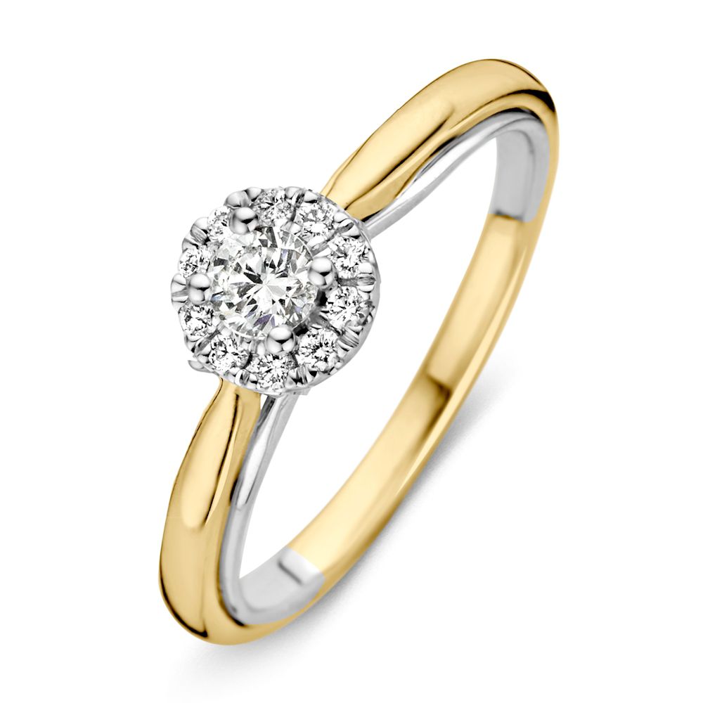 Bicolor ring van goud en witgoud met een ronde diamanten setting en een totale diamantcarat van 0,33 crt.