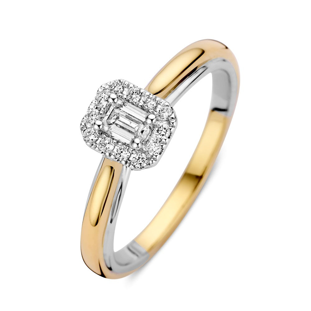 De 14k Bicolor Gold Ring van Excellent Jewelry heeft een smaragd geslepen diamant in een entourage zetting, gezet op een gepolijste bicolor band voor opvallende elegantie.