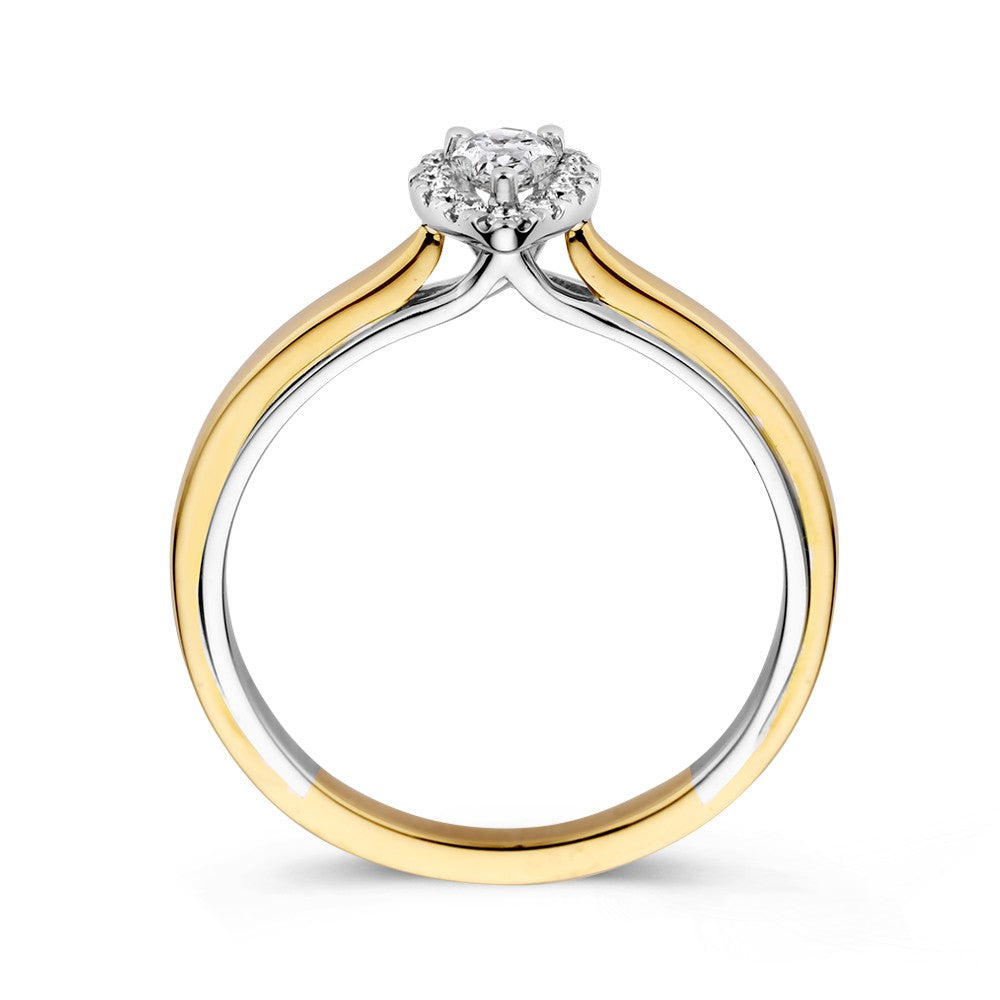 14k Bicolor Gold Ring with Pear-Shaped Diamond in Entourage Setting