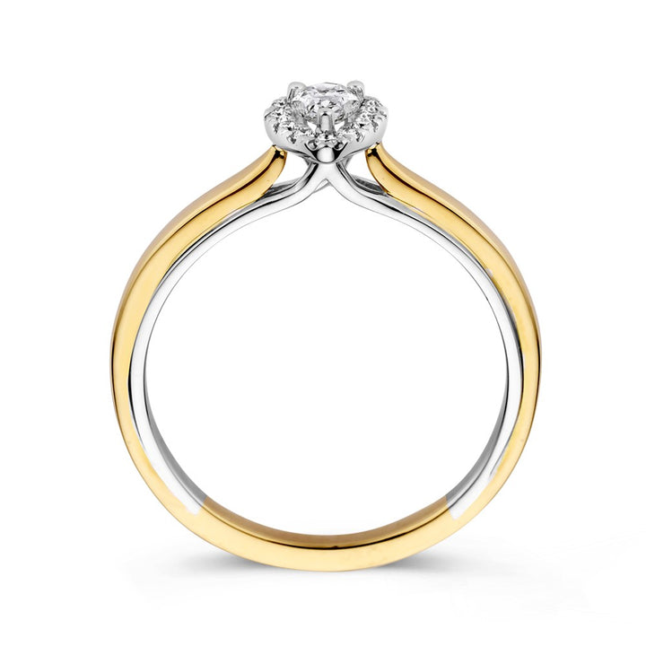 14k Bicolor Gold Ring with Pear-Shaped Diamond in Entourage Setting