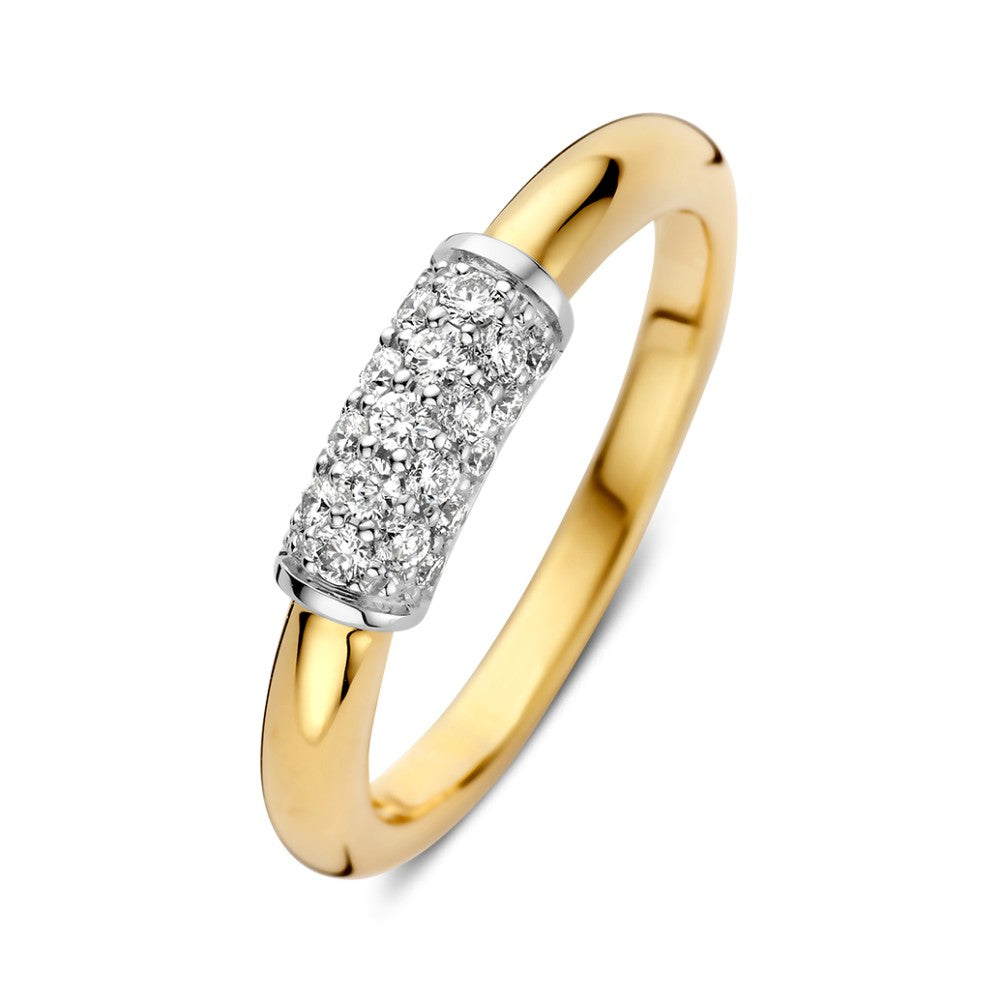 Bicolor ring van goud met een glanzende zilveren band en 0.33 crt briljant geslepen diamanten.