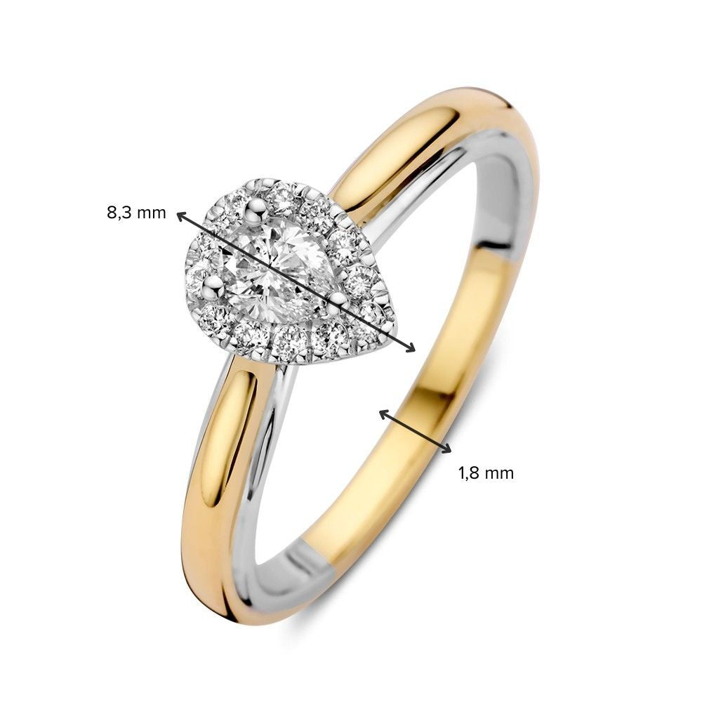 14k Bicolor Gold Ring with Pear-Shaped Diamond in Entourage Setting