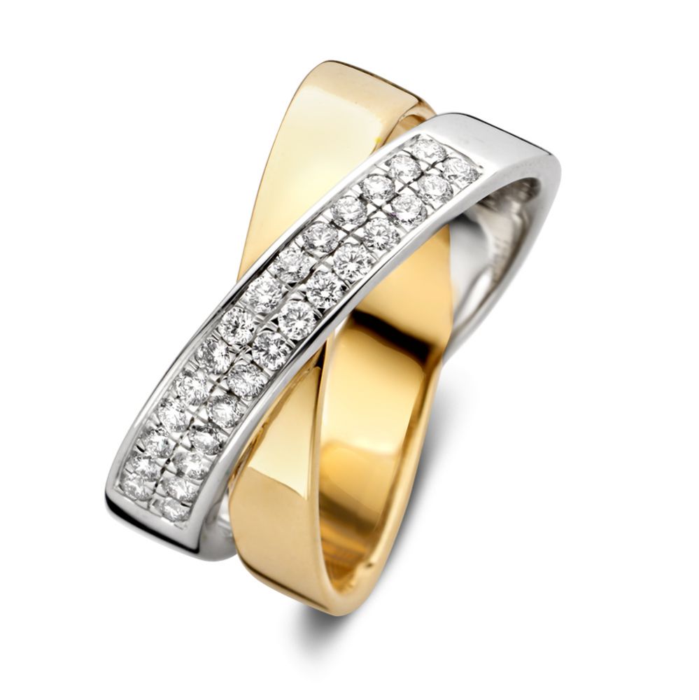 Bicolor ring met een briljant geslepen middensteen en een rij van kleine diamanten in een golvende vorm.